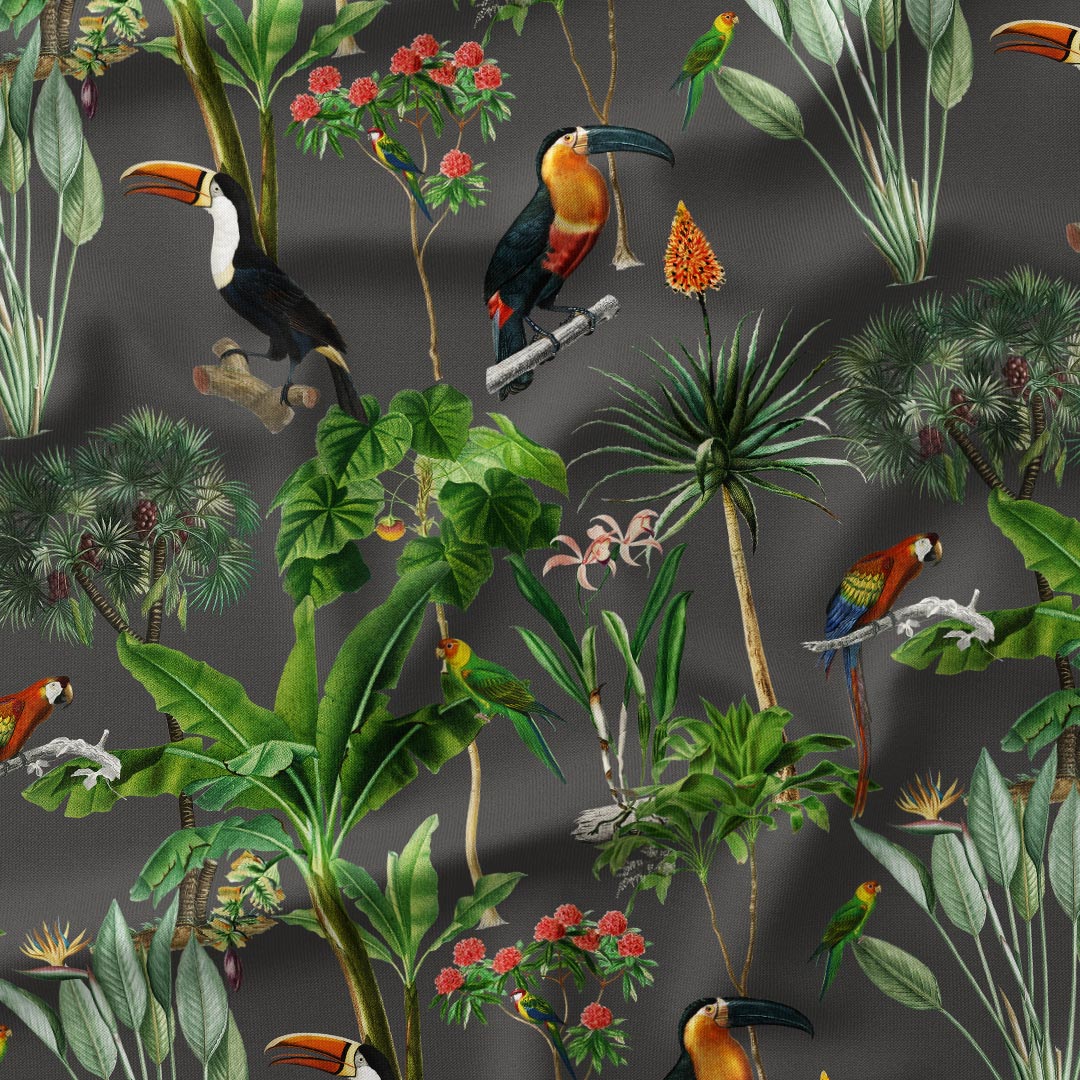 Wild Tropics Birds Grey Fabric