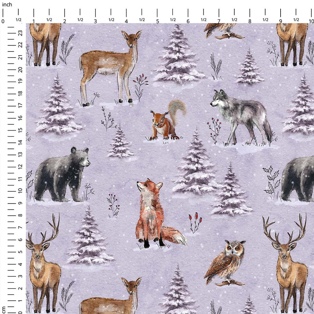 Winter Forest Animals Lilac Fabric