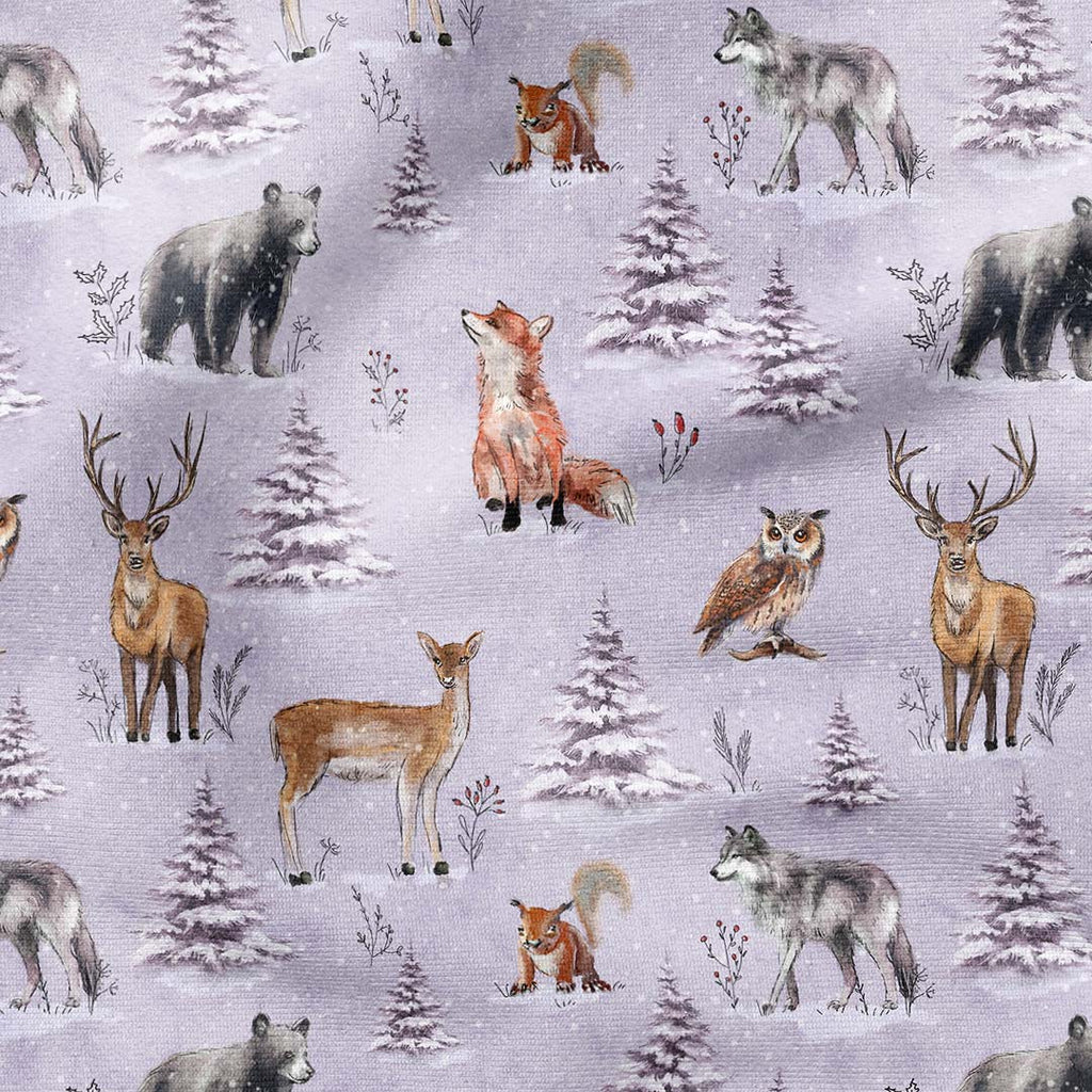 Winter Forest Animals Lilac Fabric