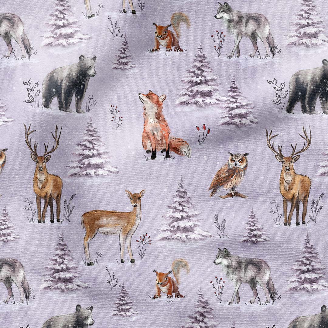 Winter Forest Animals Lilac Fabric