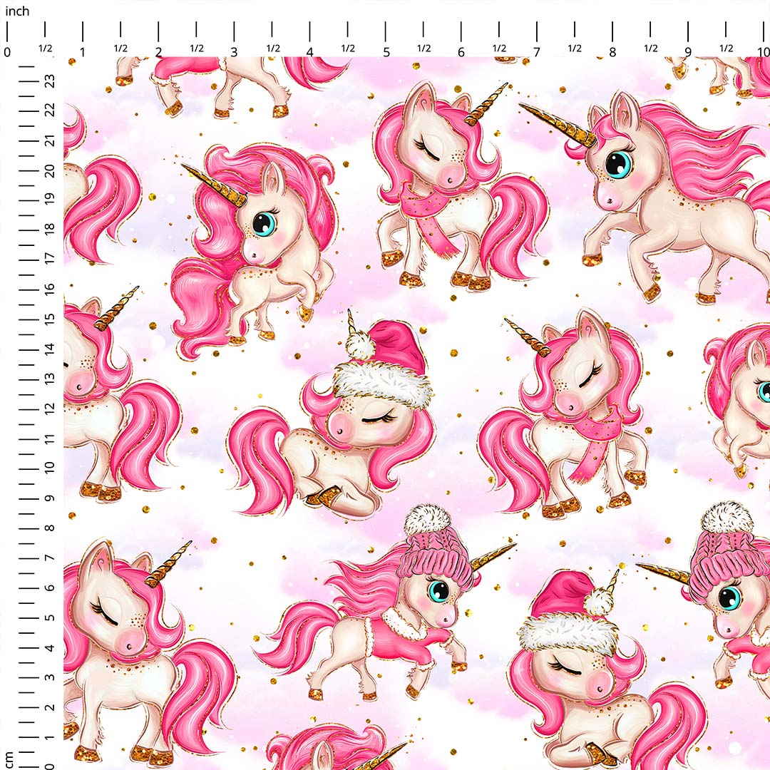 Winter Unicorns White Fabric