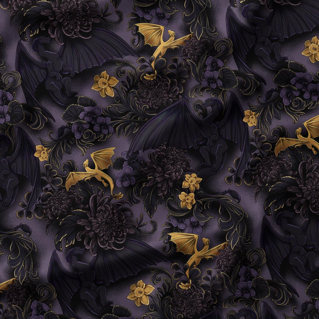 Black Floral Dragons Fabric