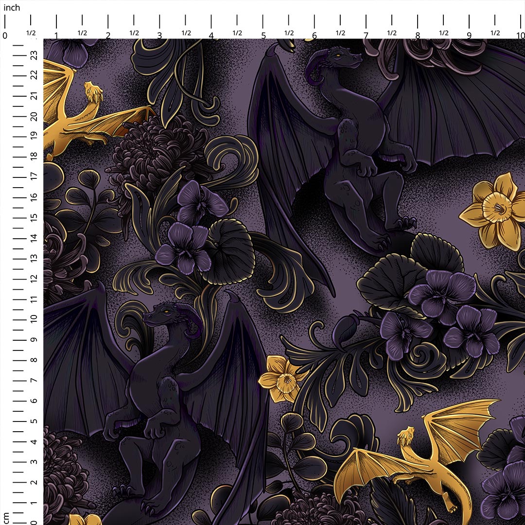 Black Floral Dragons Fabric