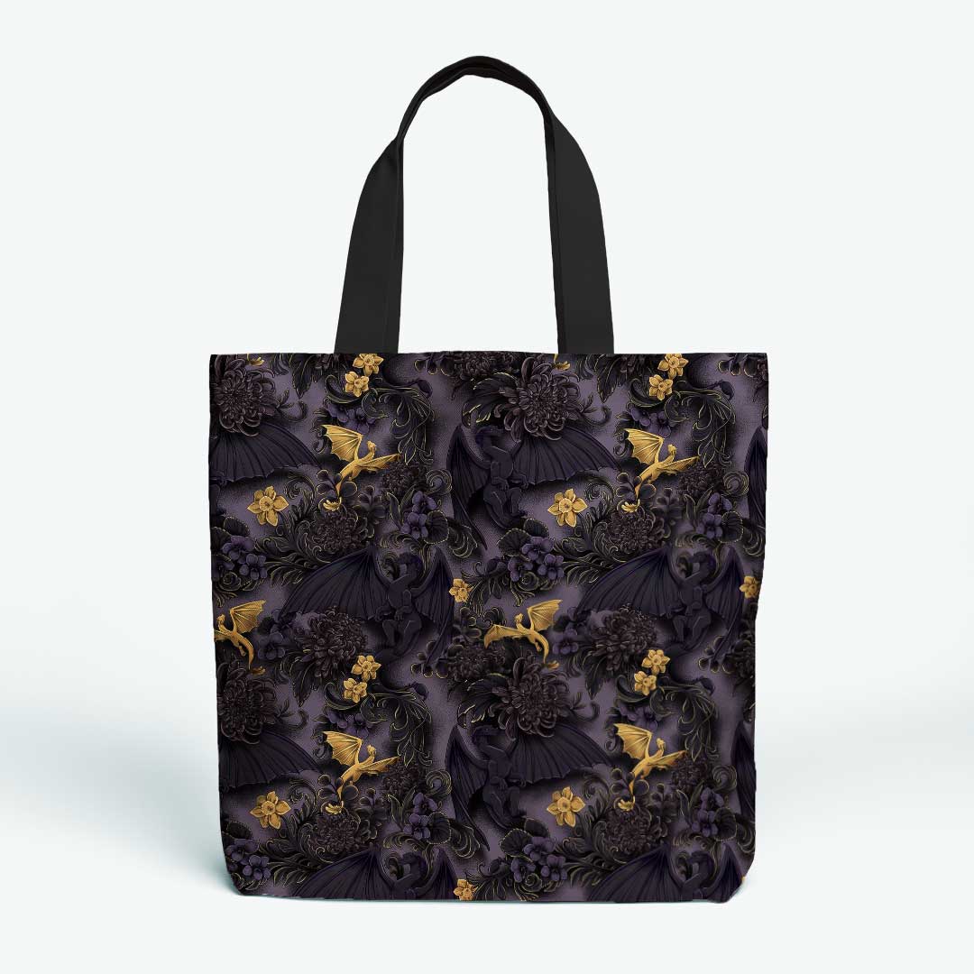 Black Floral Dragons Fabric