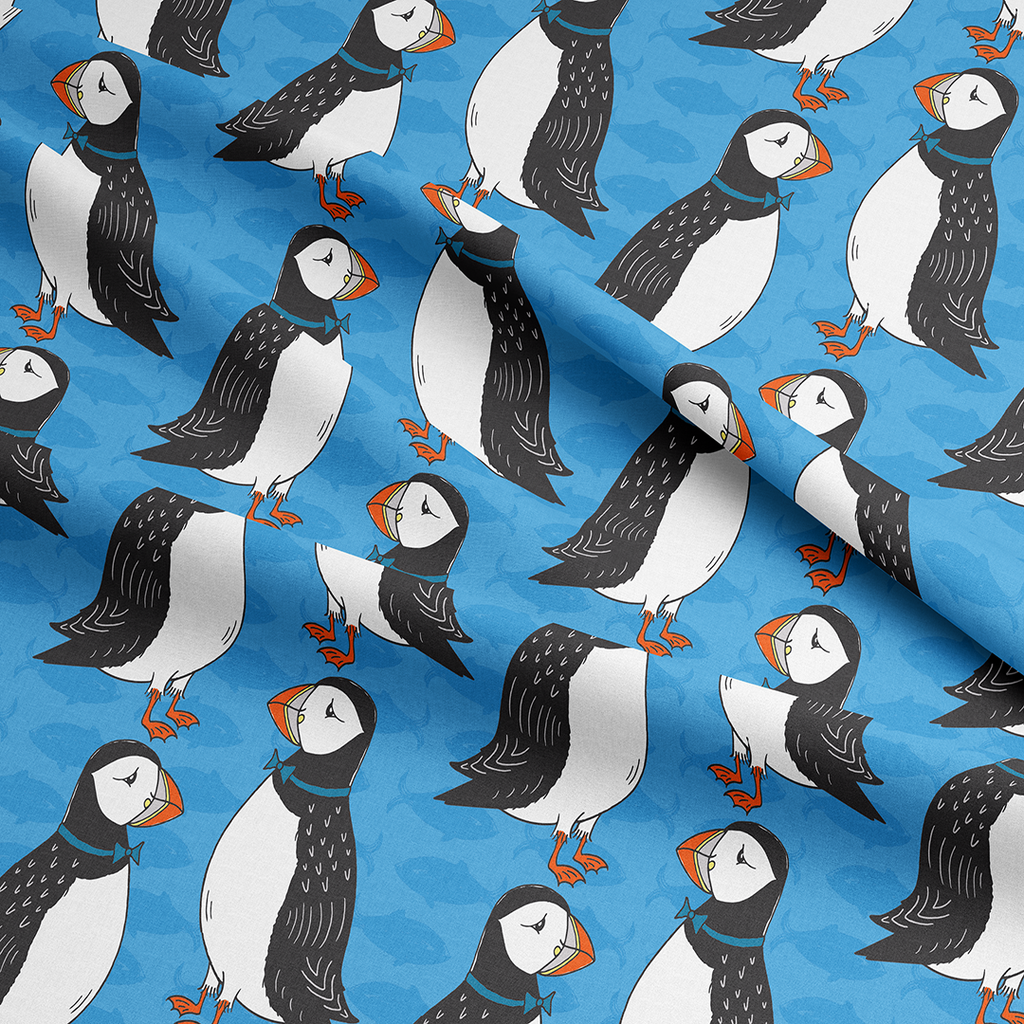 Puffins Blue Fabric