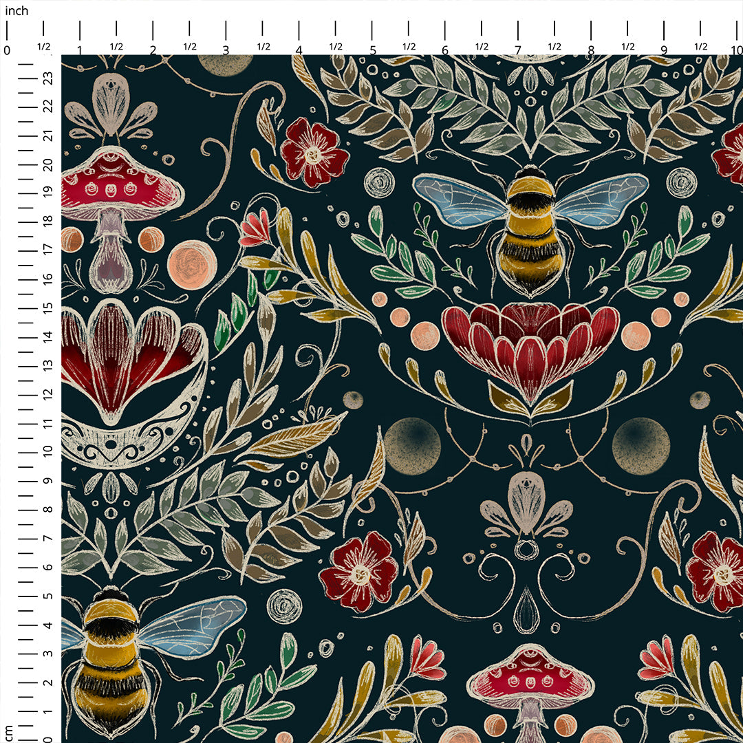 Cottagecore Bees and Mushrooms Fabric