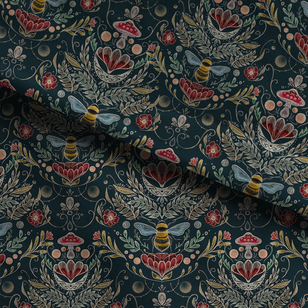 Cottagecore Bees and Mushrooms Fabric for Pyjamas, crafts, blankets and ...