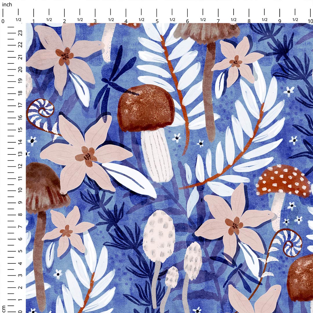 Watercolour Mushrooms Blue Fabric
