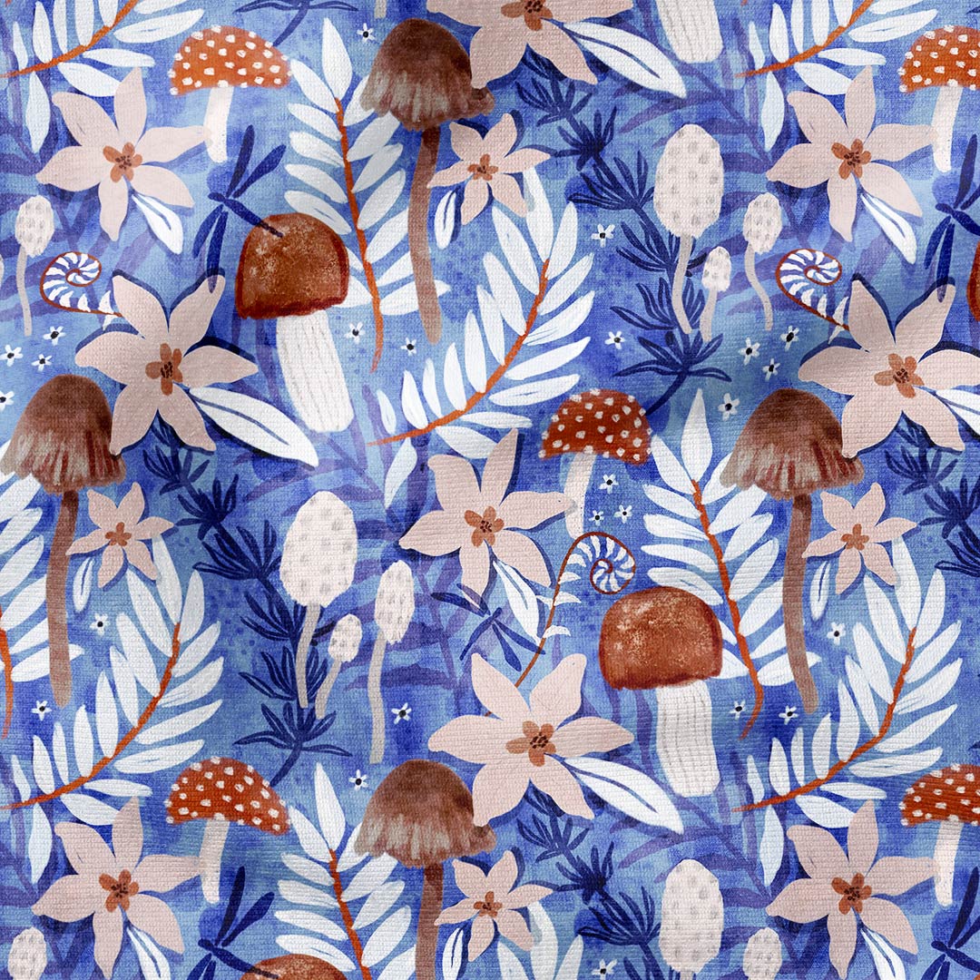 Watercolour Mushrooms Blue Fabric