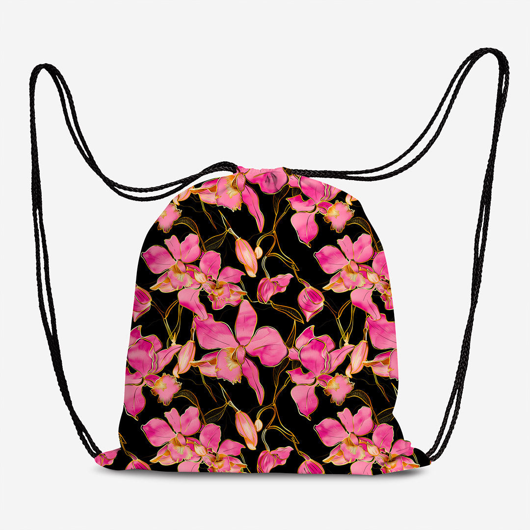 Pink Orchids on Black Fabric