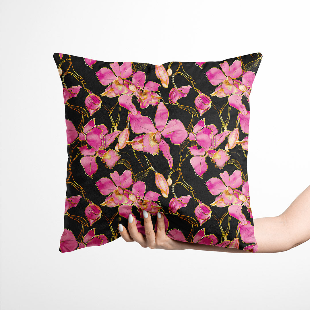 Pink Orchids on Black Fabric