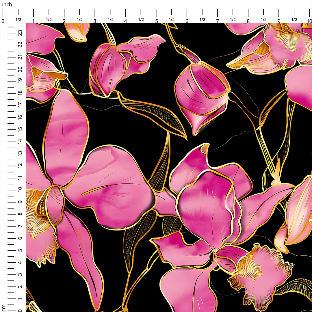 Pink Orchids on Black Fabric