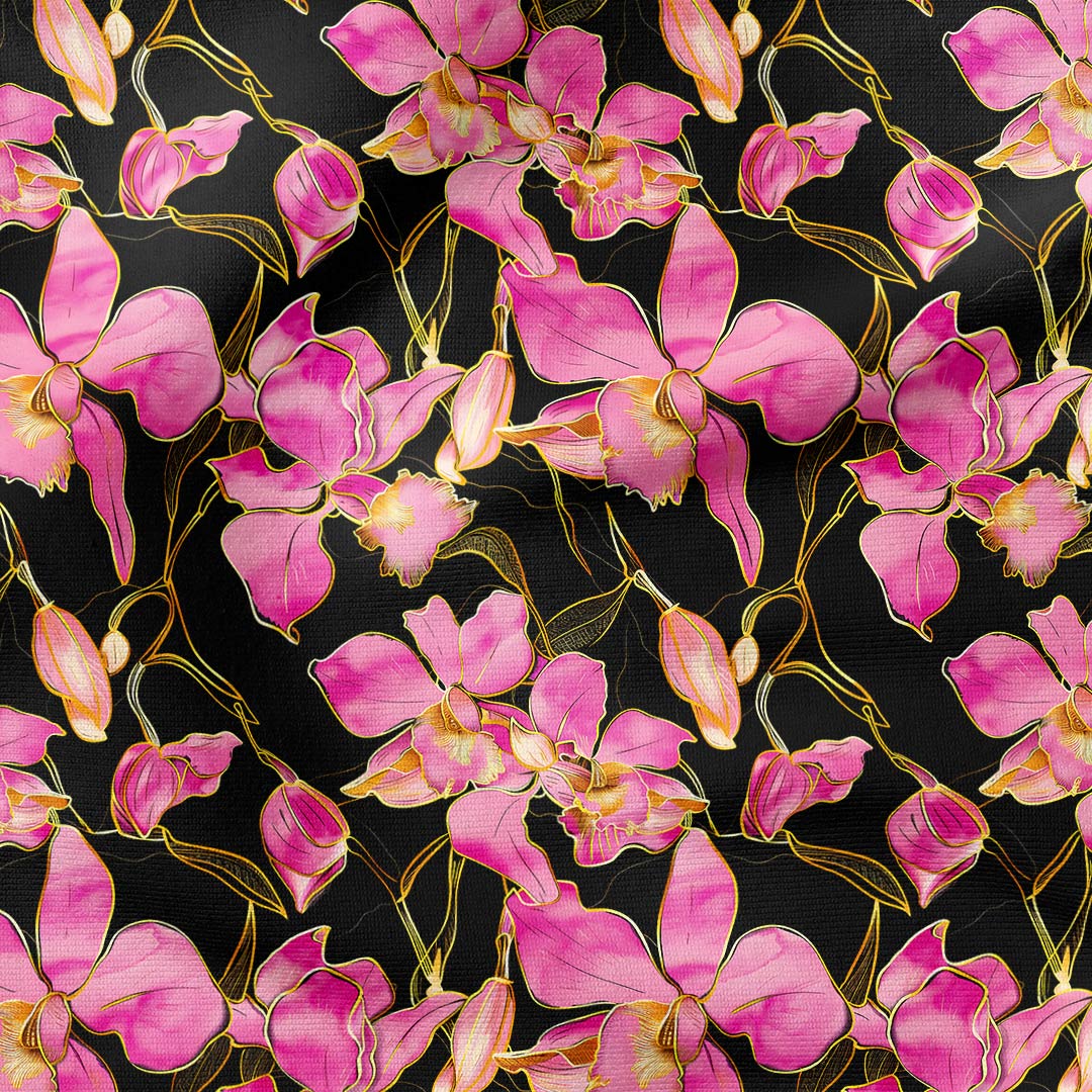 Pink Orchids on Black Fabric