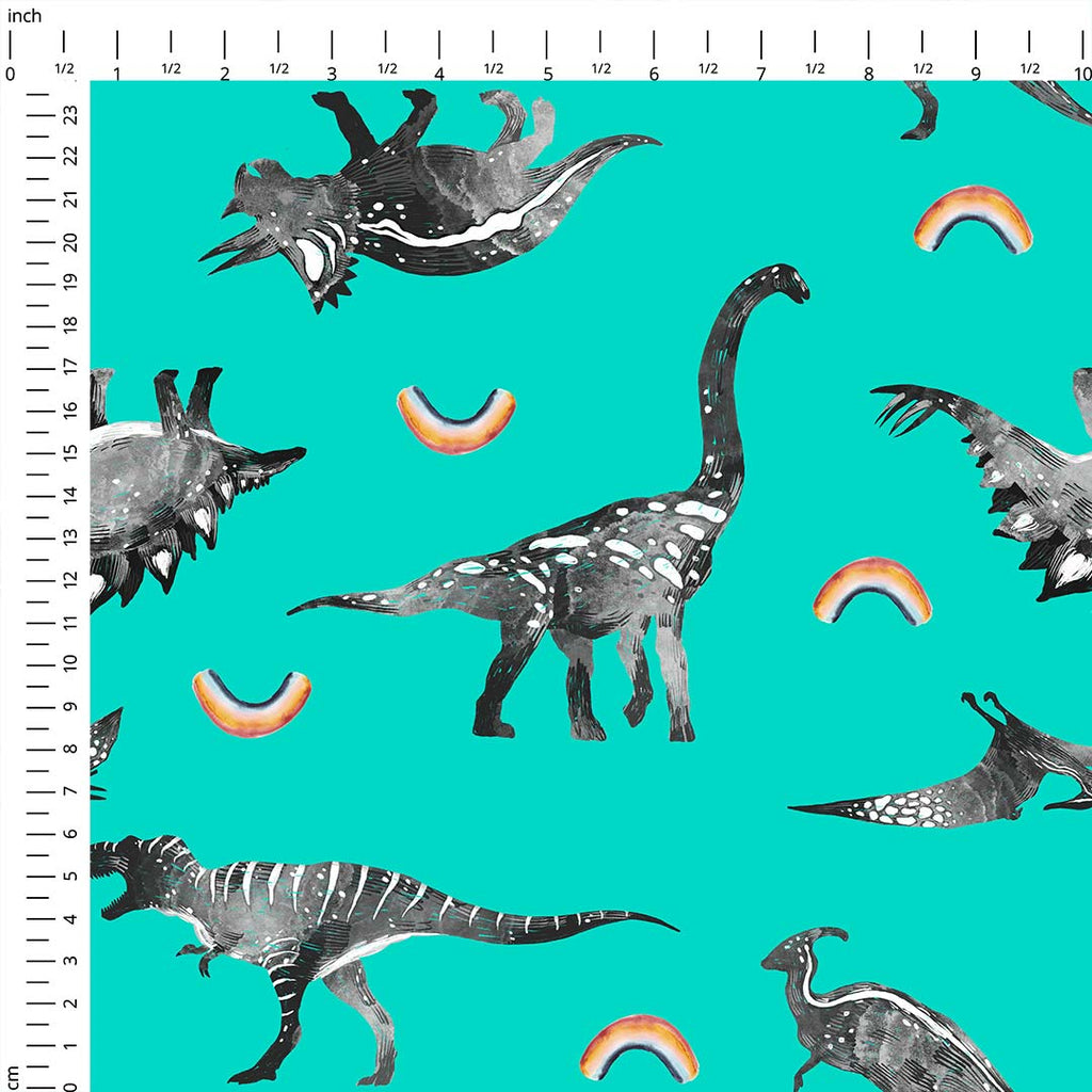 Rainbow Dinos Green Fabric
