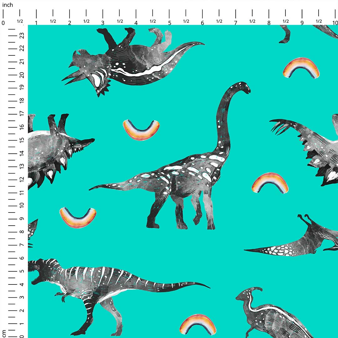 Rainbow Dinos Green Fabric