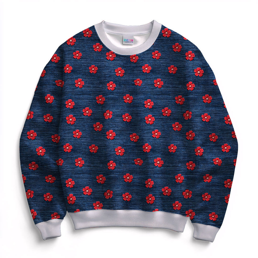 Red Flowers on Denim Fabric