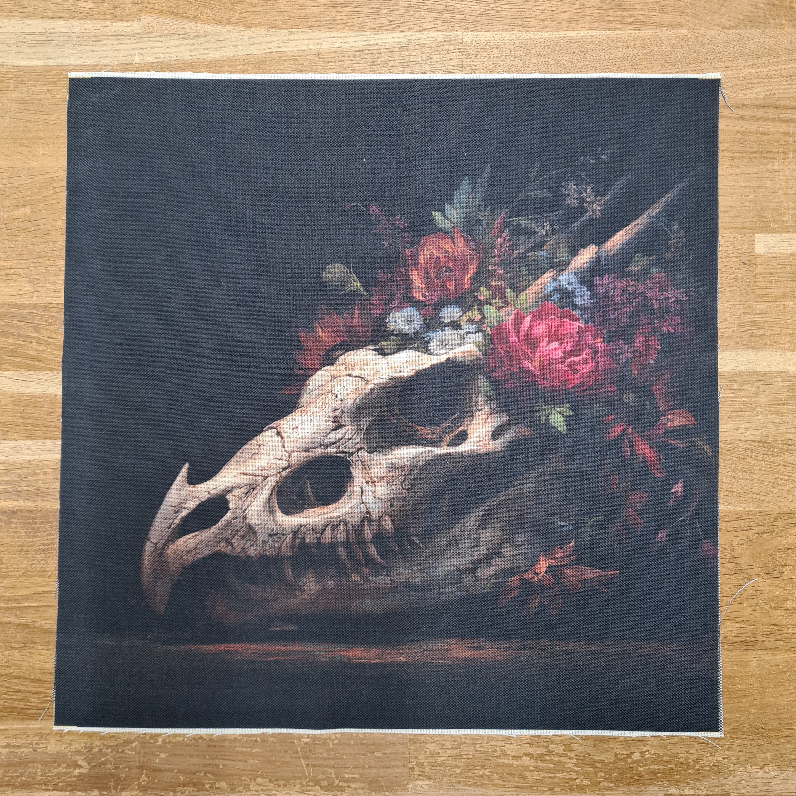 Floral Dragon Skull Linen Look CUSHION Panel 40x40cm