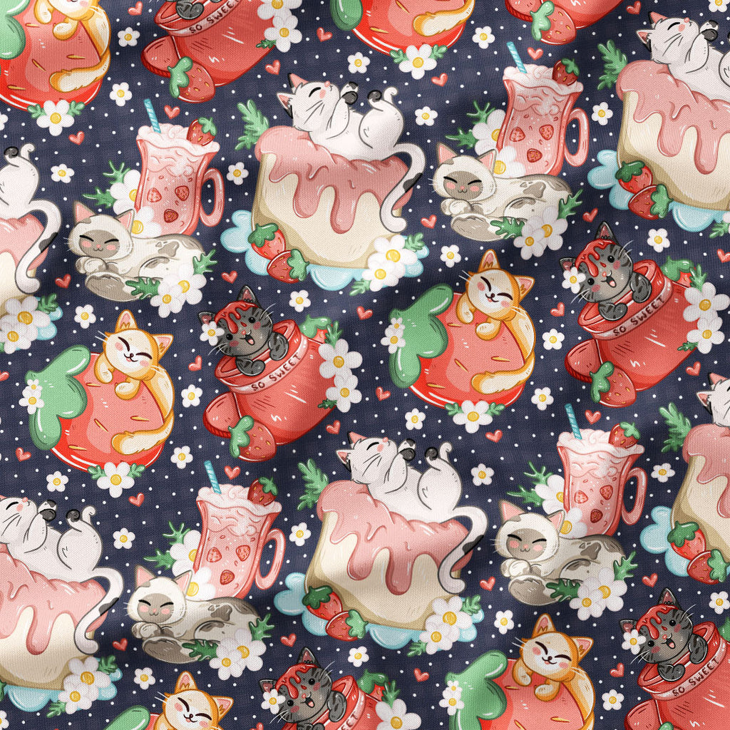 Strawberry Cats Navy Fabric