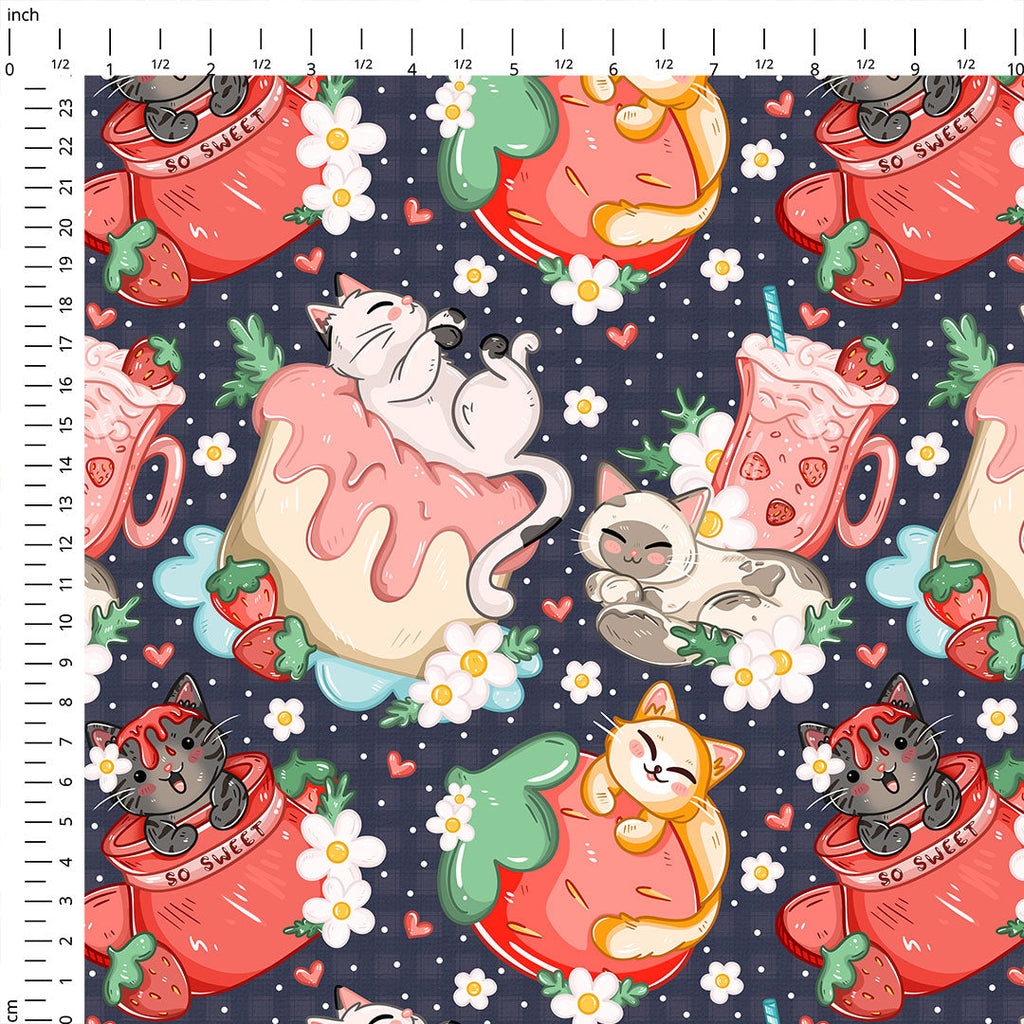 Strawberry Cats Navy Fabric