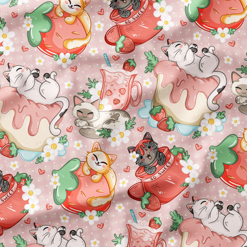 Strawberry Cats Pink Fabric