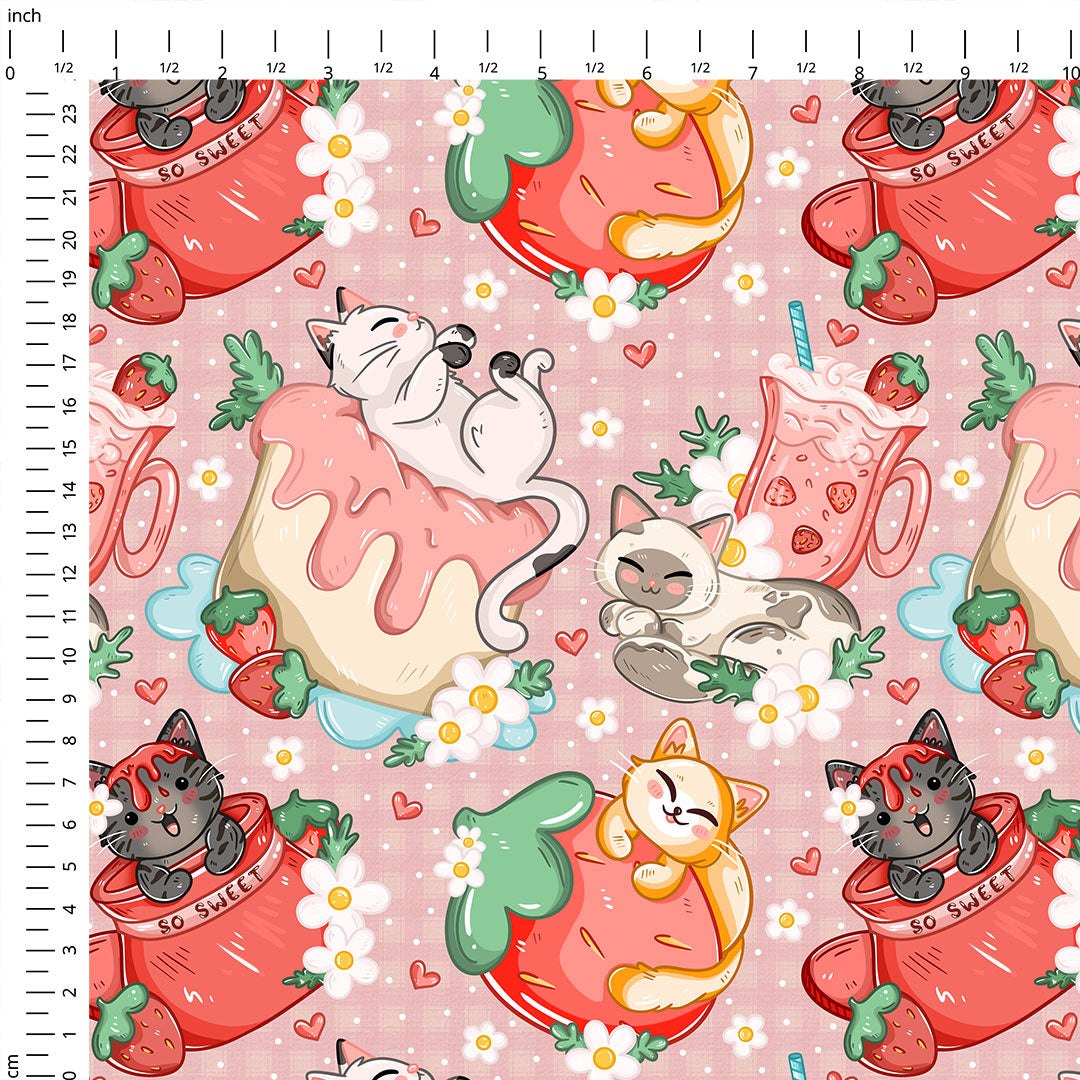 Strawberry Cats Pink Fabric