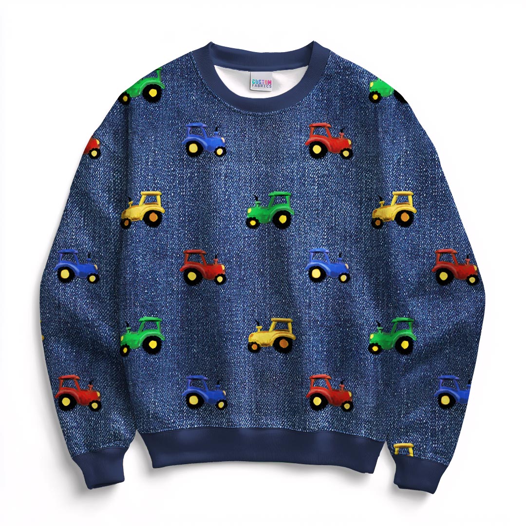 Tractors on Denim Fabric
