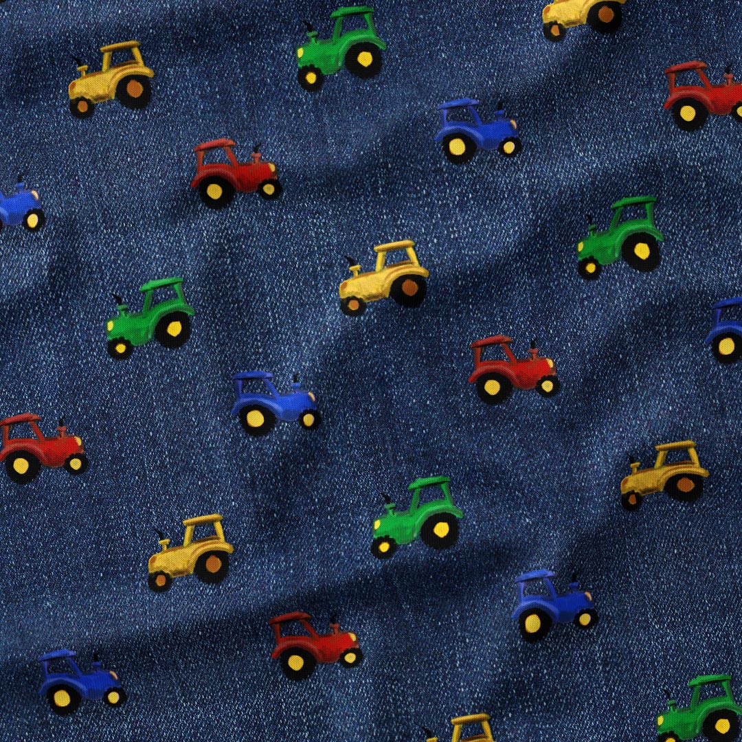 Tractors on Denim Fabric