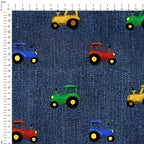 Tractors on Denim Fabric