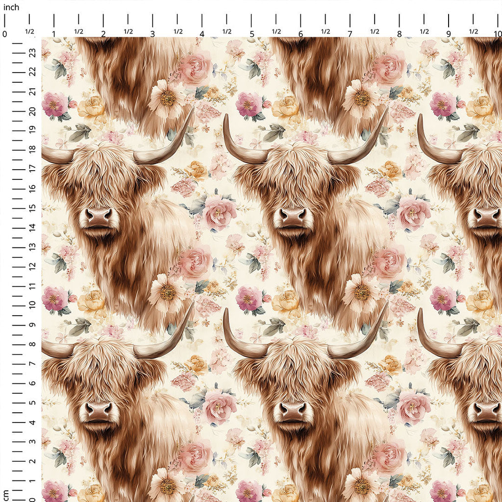 Vintage Floral Highland Cow Fabric
