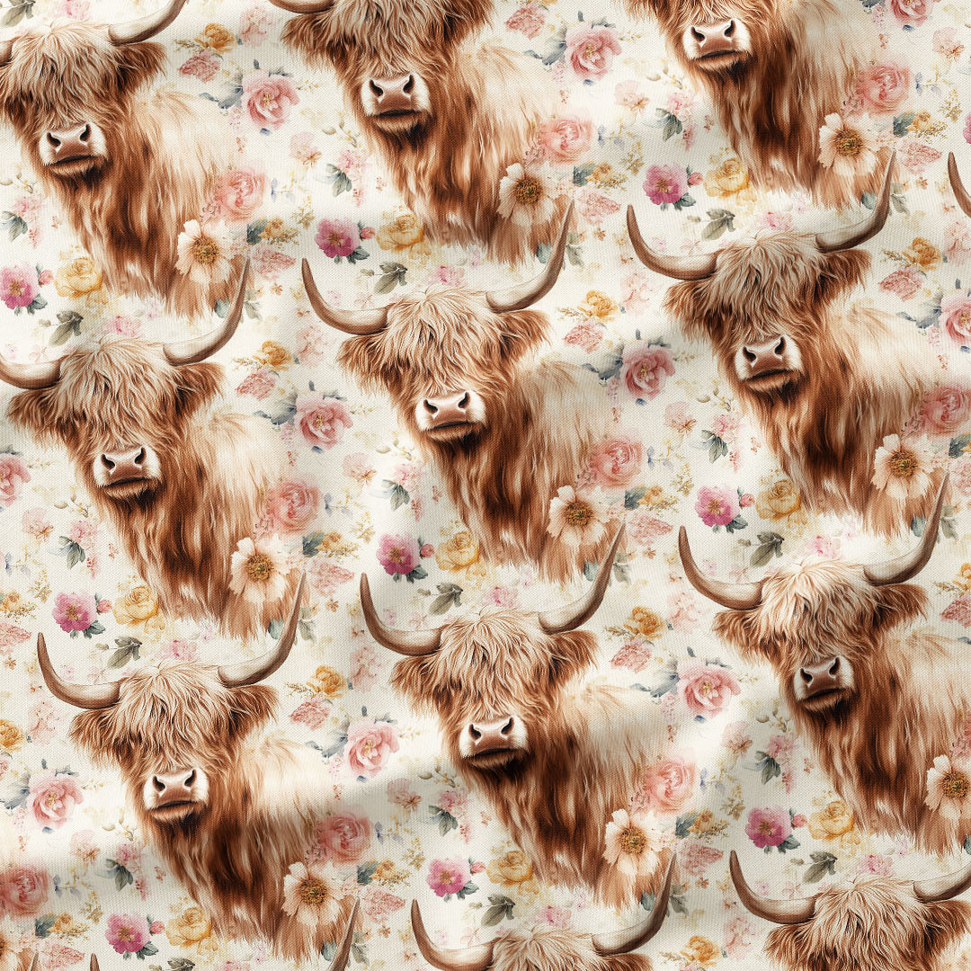 Vintage Floral Highland Cow Fabric