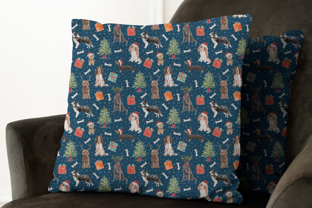 example of cushion made with cotton drill fabric with christmas dogs